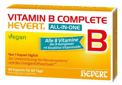 Zdjęcie produktu dla Witamina B Complete Hevert All-in-One ze wszystkimi 8 witaminami z grupy B i 4 bioaktywnymi witaminoidami, 60 kapsułek