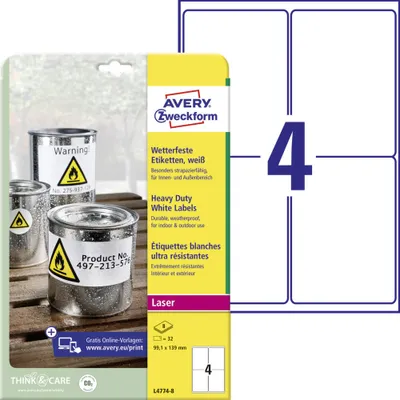 Produktbild von Avery Zweckform L4774-8 Wetterfeste Folien-Etiketten, 99,1 x 139 mm, 8 Bogen/32 Etiketten, weiß
