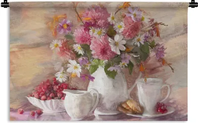 Produktbild von MuchoWow® Wandteppich Wandbehang Gemälde - Blumen - Vase - Ölfarbe 60x40 cm Tapisserie Dekoration Wandtuch - Wanddekorationen