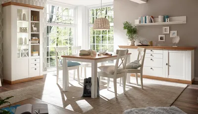 Produktbild von Esszimmer Set "Hemsby" in weiß Pinie und Eiche Wotan Landhaus Speisezimmer 4-teilig
