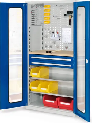 Produktbild von Werkzeugschrank, Türen mit Sichtfenster, 1 Werkbankplatte, 2 Schubl. + 2 Fachb., BxTxH 1000x600x1950 mm, RAL 7035/5010
