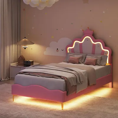 Produktbild von UnboxG Polsterbett 90x190 cm mit Lattenrost, Kinderbett mit Kronenförmigem Kopfteil, Jugendbett Einzelbett mit Led, Prinzessinnenbett Holzbett, PU, Rosa