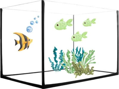 An illustration of a rectangular glass aquarium with fish and aquatic plants.
