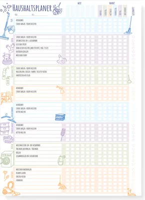 A planner for household tasks with illustrated icons.