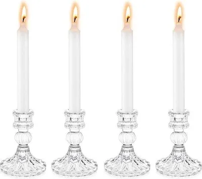 Produktbild von Unyqoos® Glaskerzenhalter-Set (4 Stück) – transparente, konische Glas-Kerzenständer, 10,5 cm H × Ø 8 cm, Tischkerzenhalter für Esstisch, Wohnzimmer & Hochzeit