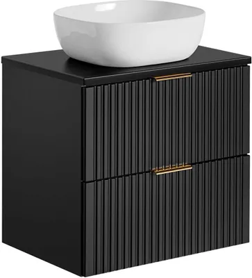 Produktbild von Badmöbel Waschtisch Set Unterschrank ADELAIDE-56-BLACK matt schwarz gerillt, 42cm Keramik-Waschbecken, 2 Softclose-Schubkästen, B/H/T 60,6/73,7/46,5 cm
