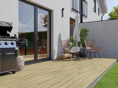 Produktbild von WOODTEX | 4 m | Hellbraun 140x24 mm Terrassendiele Kiefer, Kesseldruckimprägniert KDI Holz, Feingeriffelt, Rutschfest, Für Terrasse Garten Balkon