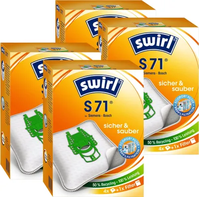 A collage of four product packages for Swirl S71 vacuum cleaner bags.