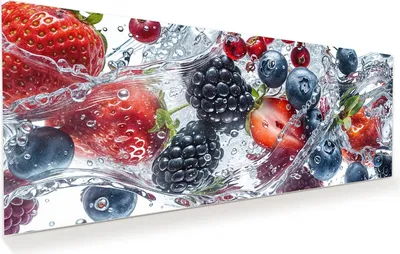 Produktbild von Glasbild 100x40cm in XXL für Wohnzimmer, Schlafzimmer Motiv Beeren im Wasser