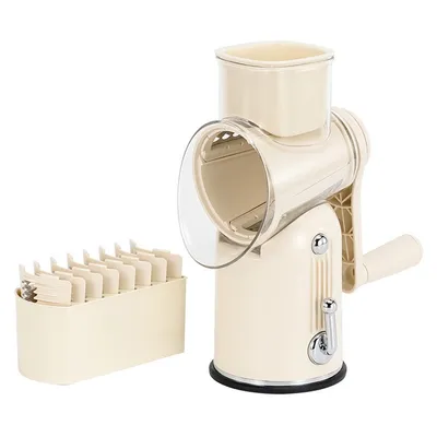 Produktbild von 5-in-1 Gemüseschneider, manueller drehbarer Käsereiber, weiß, mit Saugnapfbasis, Edelstahlklingen, handbetriebene Konstruktion, ideal für die Küche