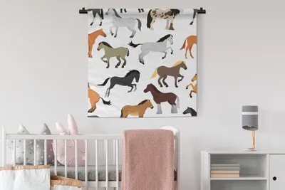 Produktbild von MuchoWow® Wandteppich Wandbehang Pferde - Weiß - Muster - Mädchen - Kinder - Mädchen 90x90 cm Tapisserie Dekoration Wandtuch - Wandaufhänger