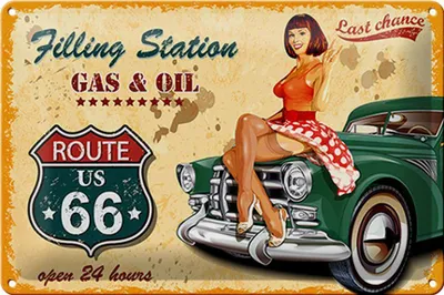 Produktbild von Blechschild Pinup 30x20cm Retro Gas Oil open 24 hours