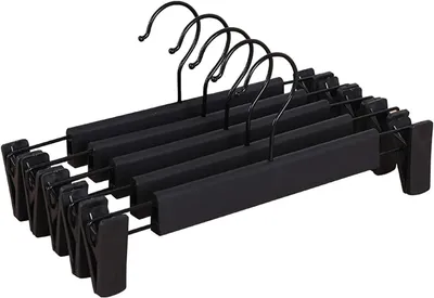 Produktbild von Hosenbügel 5 Stück - Kleiderbügel mit Klammern - Rutschfeste Hosenhalter für Hosen und Röcke - Verstellbare Klammern - Stabile Rockbügel - Schwarz