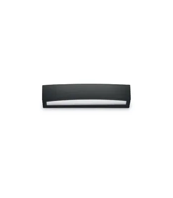 A modern black wall lamp with a curved design and a light strip at the bottom, presented on a white background.