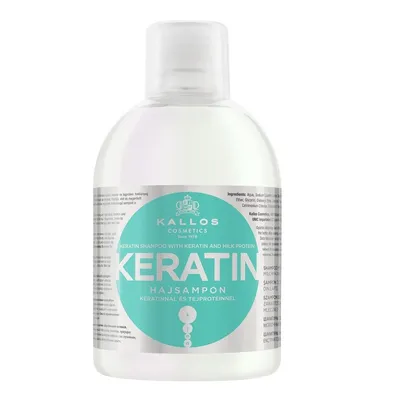 A bottle of Kallos Keratin Shampoo with its label clearly visible.