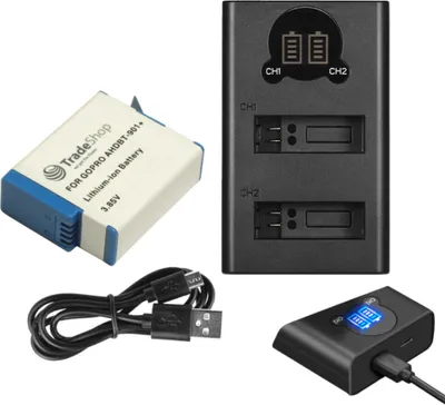 Produktbild von Set-Angebot: 2-fach Ladegerät Micro-USB Typ-C für Hero 9 Hero 10 Hero 11 + Li-Ion Akku (3,85V / 1900mAh) ersetzt AHDBT-901 ADBAT-001
