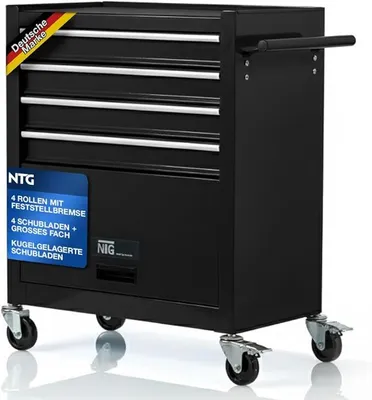 Productafbeelding van GERECHTSWAGEN – Werkbankwagen met 4 gelagerde lades en een groot compartiment – Transportbeveiliging, 2 wielen met parkeerrem – Robuust gereedschapswagen voor optimale organisatie in de werkplaats