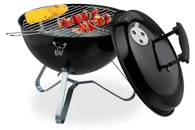 Immagine prodotto di TRANKIELO® - Barbecue portatile a carbone, diametro 33,5 cm, con coperchio - Barbecue a carbone sferico, ideale per campeggio, in acciaio, colore nero