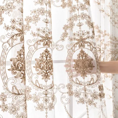 Immagine prodotto di Easy Home Tende in voile ricamate in stile damascato marocchino - 140x245 cm, trasparenti - Set da 2, beige