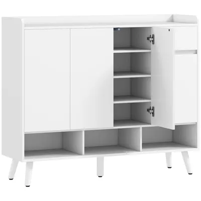 Produktbild von Schuhschrank mit grifflosem Design, 4 Türen, 4 verstellbare Regale, freistehendes Schuhregal mit 5 Holzbeinen, Holz, Weiß