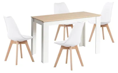 Image de Ensemble de salle à manger comprenant une table rectangulaire en chêne et blanc, avec 4 chaises. Dimensions : 120 cm