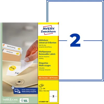 Image de Avery Zweckform L4734REV-100 Étiquettes universelles, 199,6 x 143,5 mm, 100 feuilles/200 étiquettes, blanc