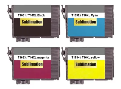 Image de 4 cartouches d'encre à sublimation T16 XL (noir, cyan, magenta, jaune) compatibles avec les imprimantes Epson Workforce WF-2010, 2110, 2510, 2520, 2530, 2540, 2630, 2650, 2660, 2750 et 2760