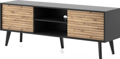 Produktbild von WILLOW TV-Lowboard 2 Türen, Push-to-Open, Schwarz/Eiche Artisan, Metallfüße, 154x39x56 cm