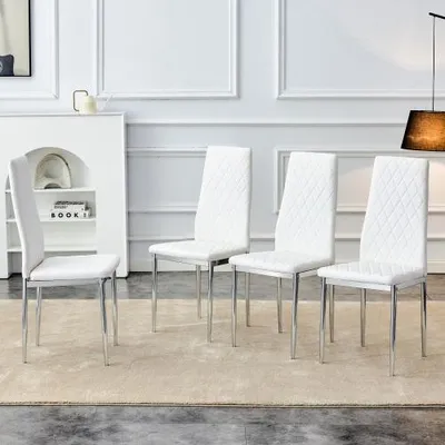 Produktbild von 4er Set Esszimmerstühle Weiß Kunstleder mit Metallbeinen, 38 x 38 x 98 cm