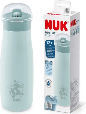 Produktbild von NUK Mini-Me Flip mit Strohhalm für Kleinkinder | ab 12 Monate | 500 ml | Edelstahl-Wasserflasche für Kinder | auslaufsichere stabile Trinköffnung | bruchsicher | blauer Globus