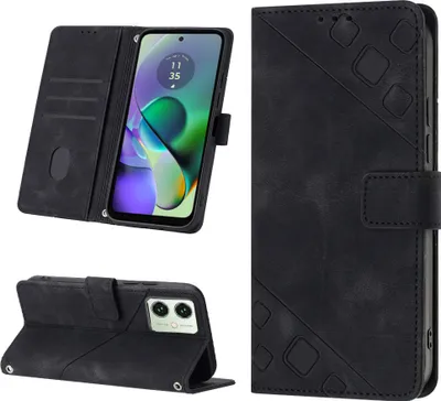 Produktbild von Hülle für Motorola Moto G54 Prägung Flip Leder Brieftasche Schutzhülle mit Ständer Schwarz