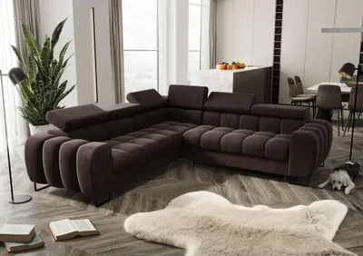 Productafbeelding van Eckbank met slaapfunctie, model BASTIEN, bekleed met stof in terra/bruin, universeel design (kan aan beide kanten geplaatst worden)