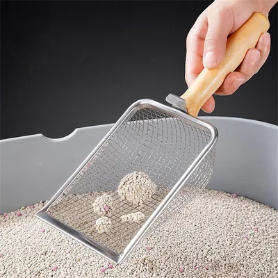 Image de Pelle à litière pour chats, en métal avec manche en bois, taille de maille de 4 mm