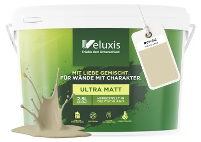Produktbild von Wandfarbe Beige Creme Grün Matt Innenfarbe – Deckkraft Klasse 1, VOC-frei, Ohne Grundierung, Tropfarm – Wohnzimmer & Schlafzimmer – 2,5L – Veluxis (Natural Mate)