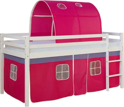 Produktbild von Homestyle4u Kinder Hochbett mit Leiter Tunnel Vorhang Pink Massivholz Kiefer Weiß 90x200 cm