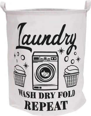 Productafbeelding van Wasmand Round Wash, 40x50 cm - wit/zwart, met wasmachine-motief