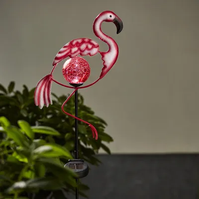 Produktbild von LED Solar Gartenstecker Flamingo - rote LED in Glaskugel - H: 80cm - Dämmerungssensor - pink