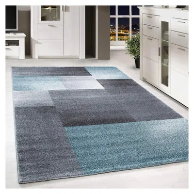Produktbild von Teppich Wohnzimmer 80x250 cm Läufer Grau und Blau Kariert Design - Schlafzimmer Teppich Kurzflor Pflegeleicht Waschbar für Küche