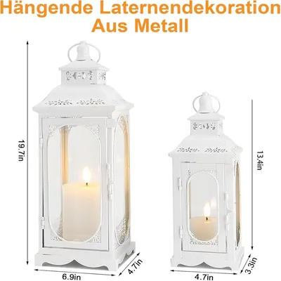 Image de Lot de 2 lanternes, en métal blanc, lanternes décoratives pour l'intérieur et l'extérieur