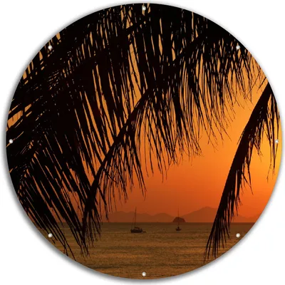 Produktbild von Wallario rundes Outdoor-Poster für Garten oder Balkon, Motiv Sonnenuntergang unter Palmenblättern, 60 cm Durchmesser