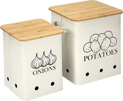 Produktbild von Aufbewahrungsboxen Set aus Metall mit Belüftung und Holzdeckel für Kartoffeln und Zwiebeln - Weiß