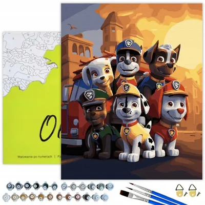 Produktbild von Oh Art! Malen nach Zahlen Kinder – Hunde Feuerwehr 50x40 cm mit Rahmen für Kinder & Erwachsene inkl. Pinsel, Acrylfarben & Zubehör (27 Farben)