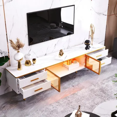 Produktbild von TV-Schrank Marmoroptik LED 4 Schubladen 2 Glastüren goldene Griffe, 170x37x47,5 cm weiß-golden