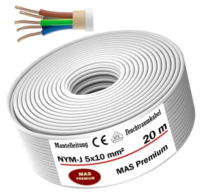 Produktbild von Feuchtraumkabel Stromkabel Mantelleitung 20 m NYM-J 5x10 mm² Elektrokabel