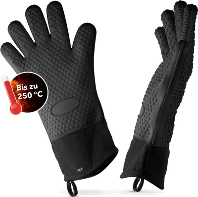 A pair of black silicone oven mitts are displayed against a white background. One mitt is shown from the front, and the other is shown from the side.