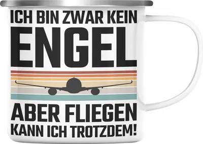 Produktbild von Trendation - Pilot Geschenk Emaille Tasse Flugzeug Fliegen Geschenkidee Piloten Emaille Emaille Tasse Kein Engel (Silber)