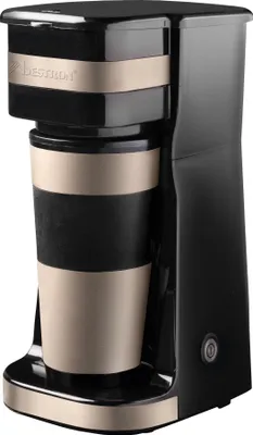 Produktbild von Bestron Kaffeemaschine mit Isolierbecher, Camping Kaffeemaschine für gemahlenen Filterkaffee, kleine Kaffeemaschine für 2 Große Tassen, 750 Watt, Edelstahl, Farbe: hellbeige/satin