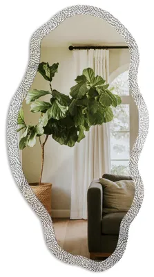 Produktbild von Asymmetrischer Wandspiegel mit Druck – 90x45 cm – unregelmäßige organische Form – moderner Dekospiegel – für Wohnzimmer, Flur und Schlafzimmer - Blattrhythmus, KI-generiertes Bild