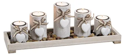 Productafbeelding van Set van 5 theelichthouders op dienblad met houten stenen, wit (B/H/D) 38x12x11 cm