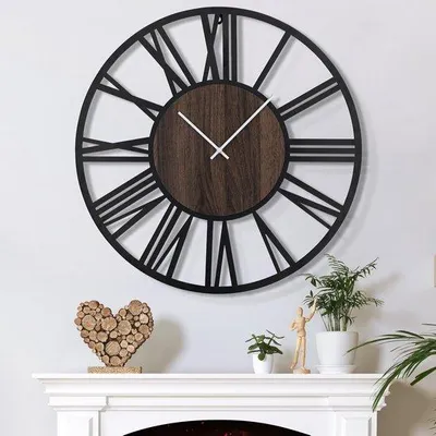 Zdjęcie produktu dla Duży zegar ścienny 80 cm, z zatrzymanym wskazówkami, zasilany bateryjnie, czarny